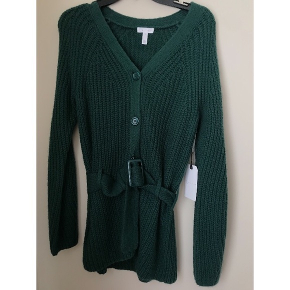 Leith Womens Green Belted Knit Button Sweater S - Picture 3 of 3